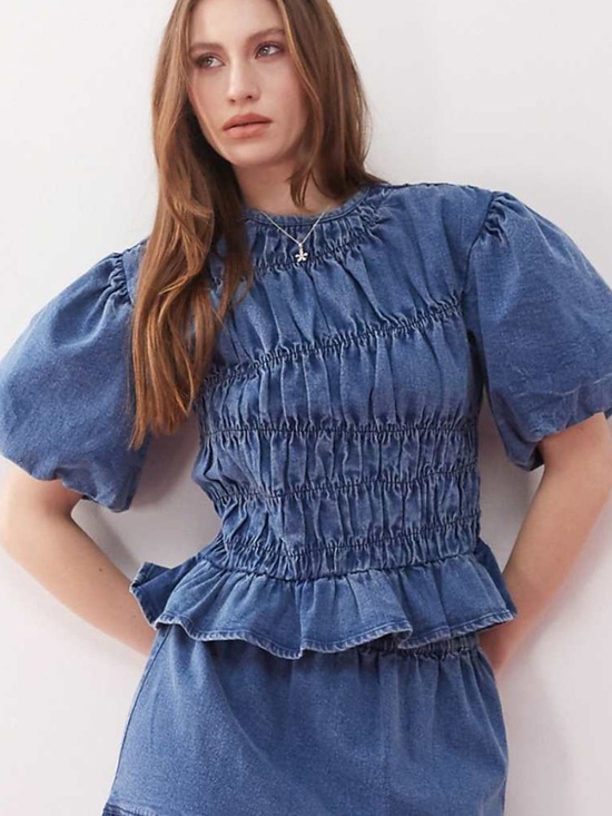 Reclaimed Vintage Tops - Reclaimed Vintage Blue Denim Puff-Sleeve Shirred Top